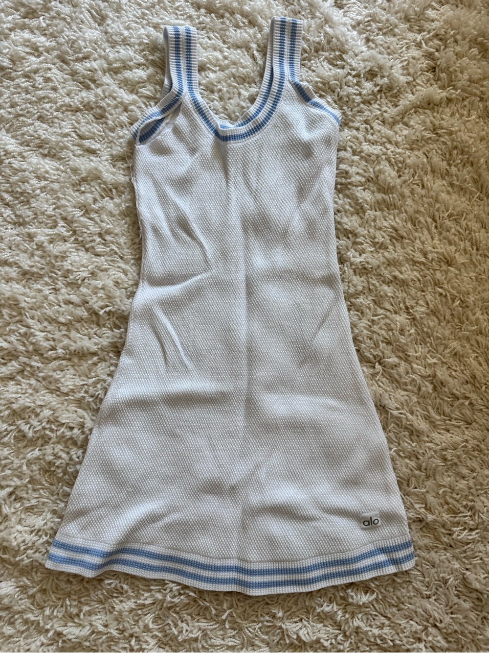 ALO Yoga White Tank Mini Dress with Light Blue Trim